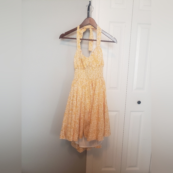 Lulu's | Saturday Sweetie Yellow Floral Tie-Strap Mini Skater Dress - Picture 4 of 7
